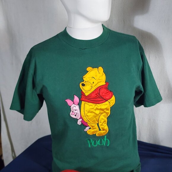Disney Store Green Vintage Pooh Piglet Embroidered Short Sleeve Cotton Tee Sz S - Picture 1 of 16